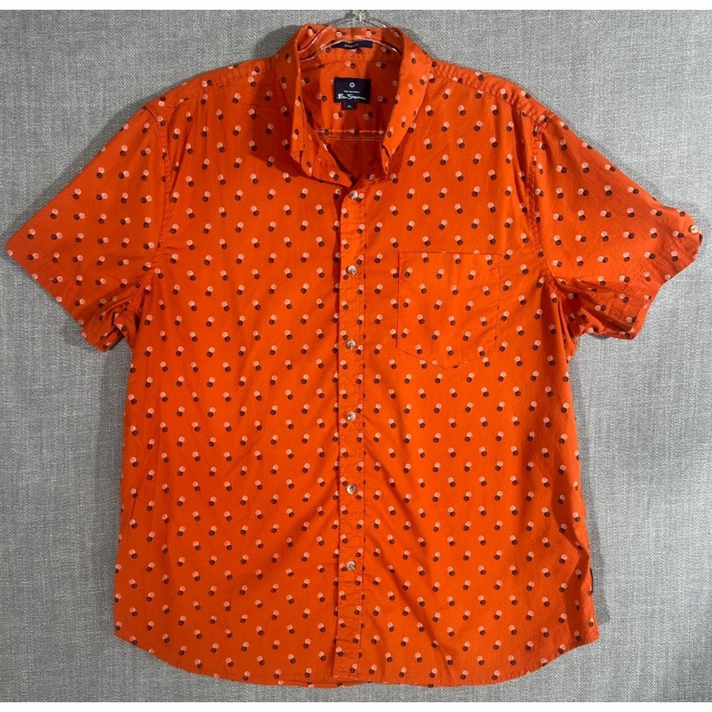 Ben Sherman Button Down Shirt Mens XL Orange Polka Dot Stretch Short Sleeve